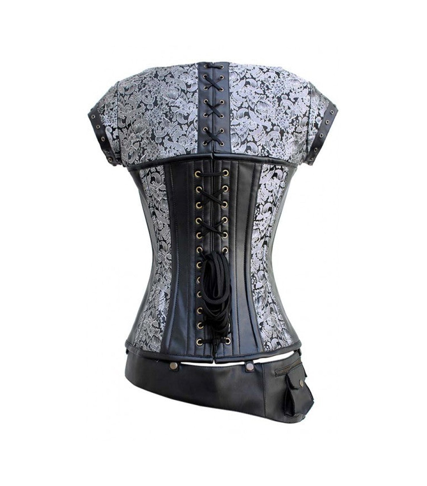 Silver Brocade & Black Faux Leather Gothic Overbust Corset