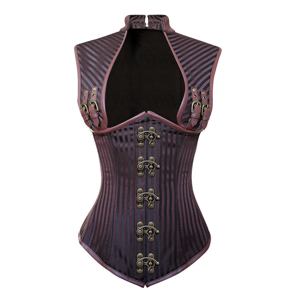 Brown Strip Brocade & Brown Faux Leather Steampunk Underbust Corset