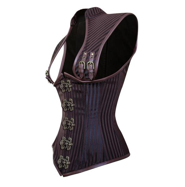 Brown Strip Brocade & Brown Faux Leather Steampunk Underbust Corset