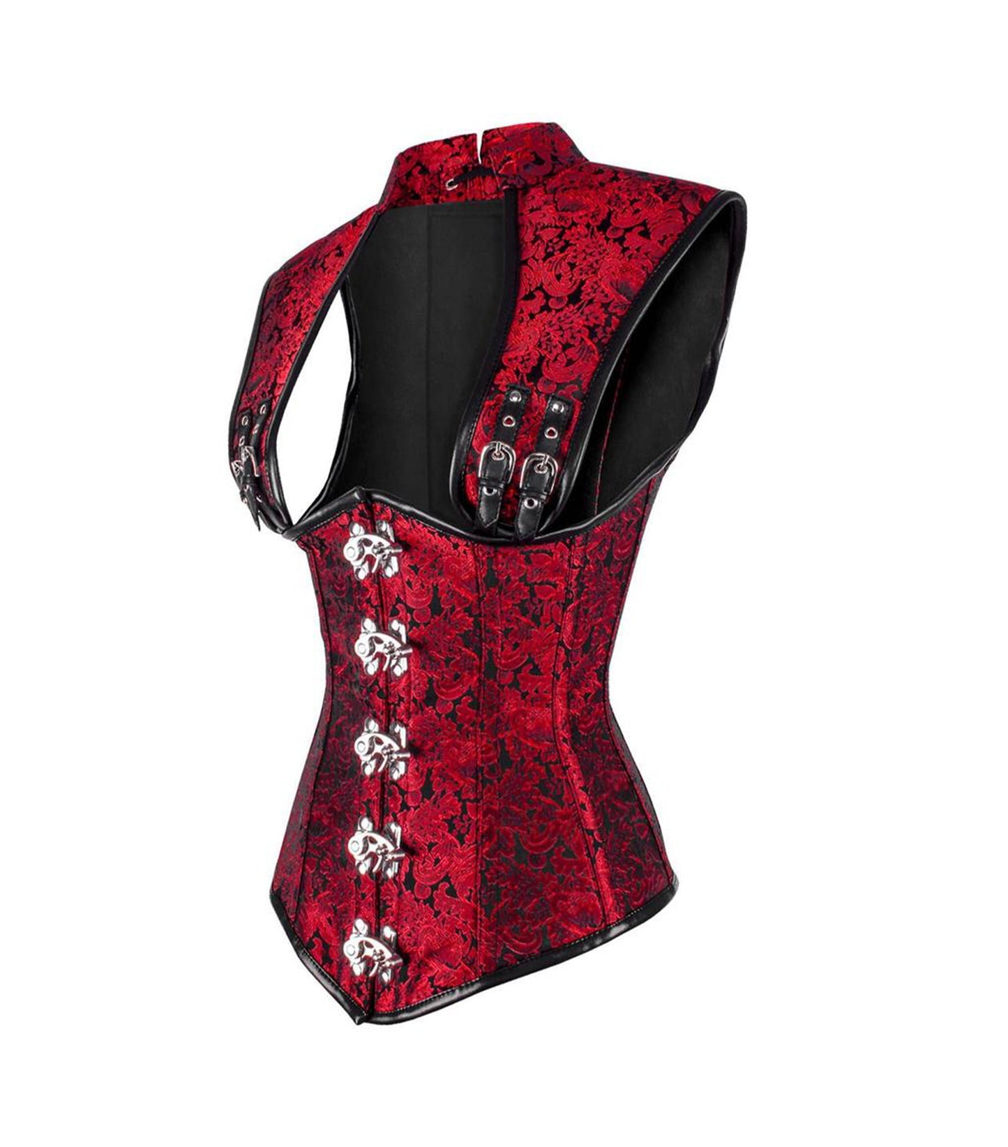 Red Brocade & Black Faux Leather Gothic Underbust Corset