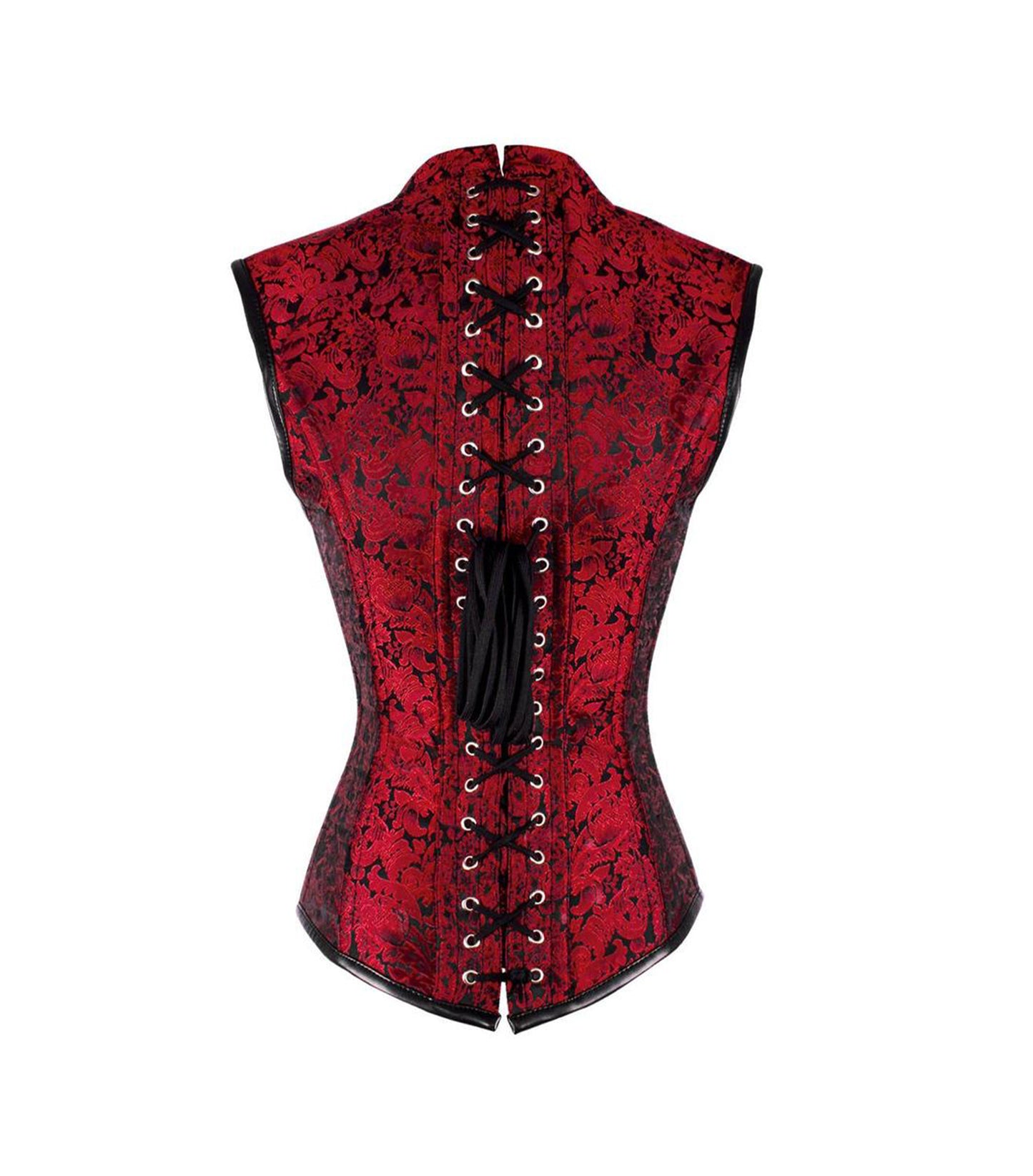 Red Brocade & Black Faux Leather Gothic Underbust Corset