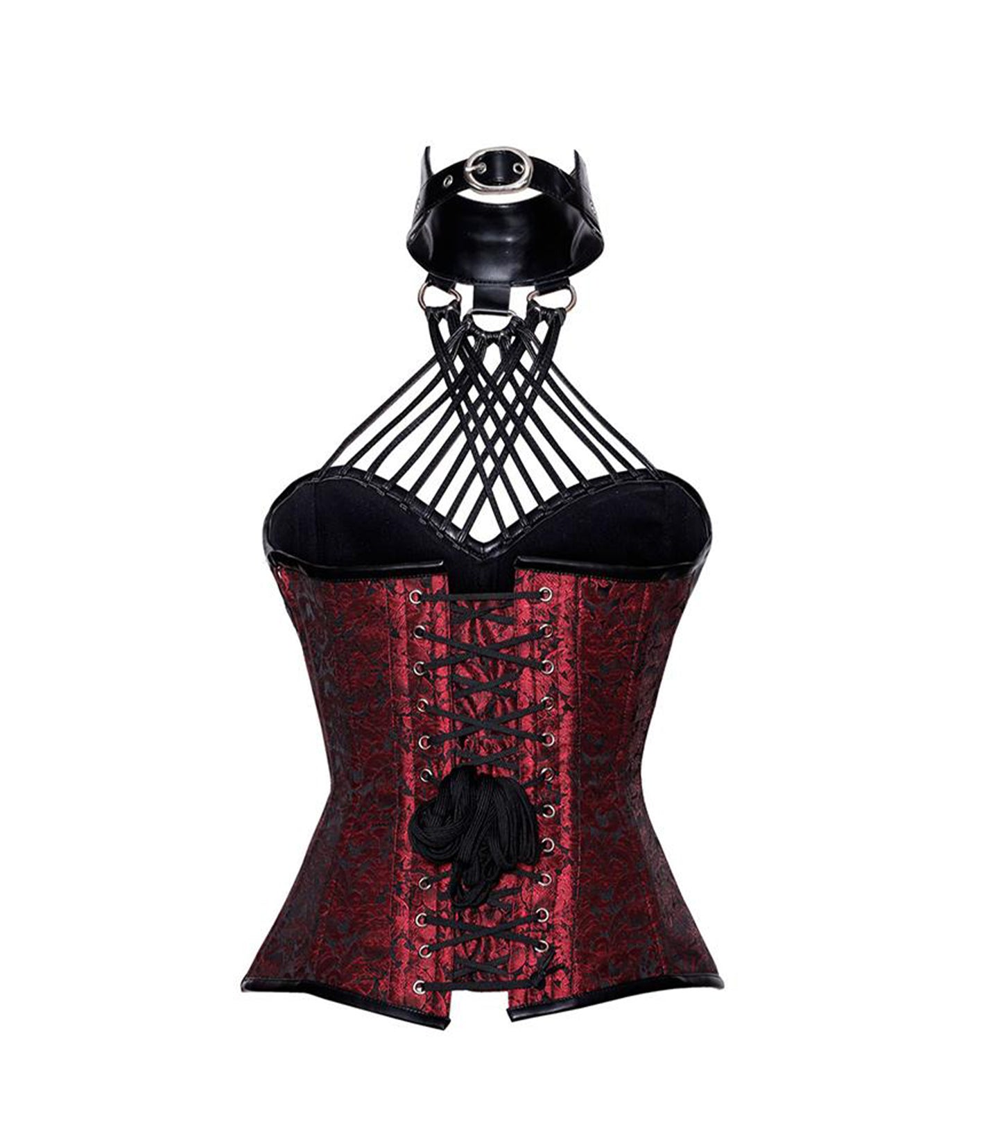 Red Brocade & Black Faux Leather Overbust Corset
