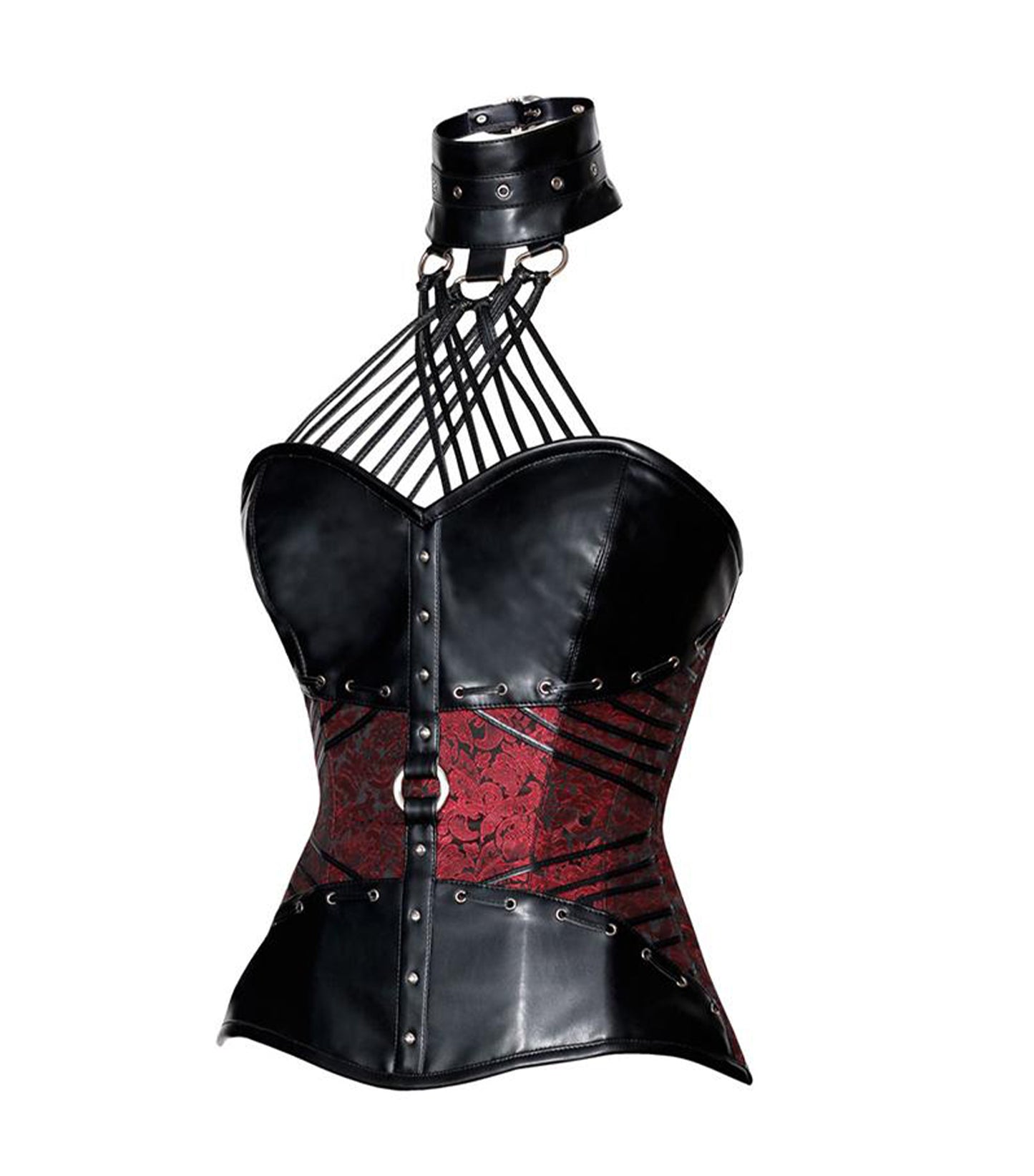 Red Brocade & Black Faux Leather Overbust Corset