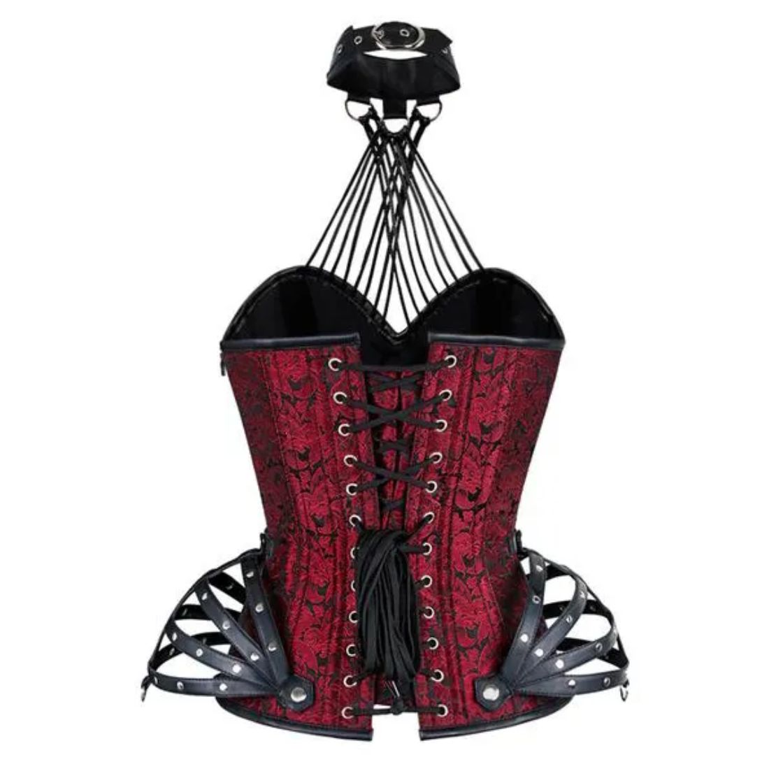 Red Brocade & Black Faux Leather Overbust Corset Easto Garments