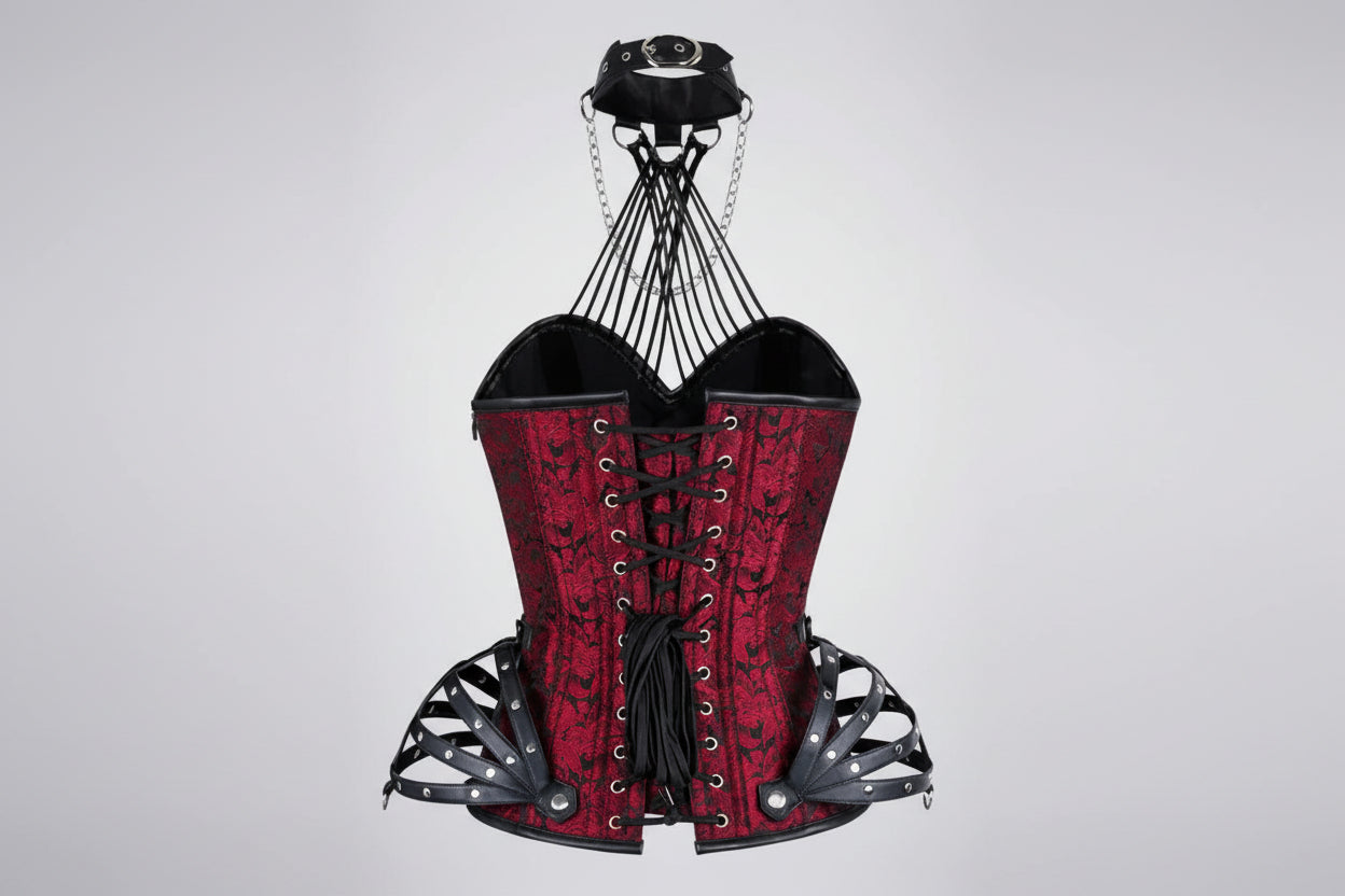 Red Brocade & Black Faux Leather Overbust Corset Easto Garments