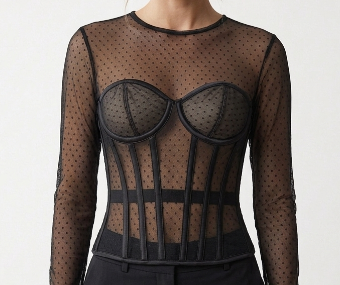 close up view of model wearing Black polka dot mesh corset