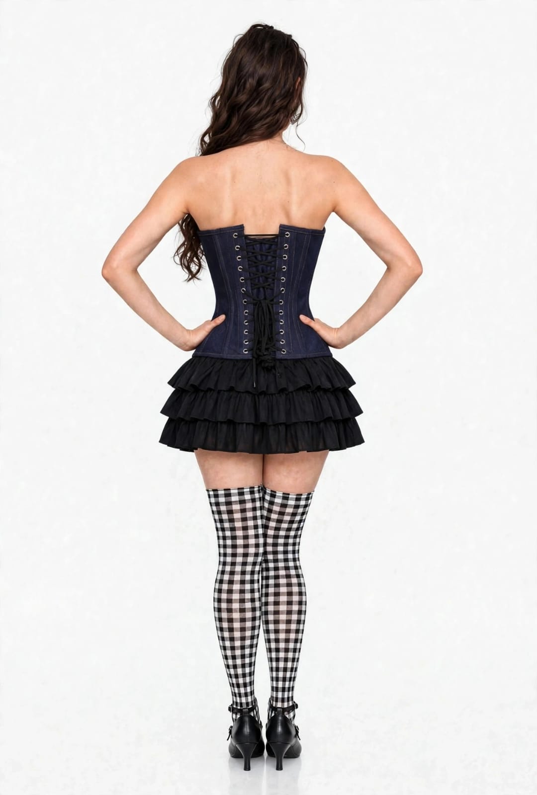 back view model wearing Navy Denim Steel-Boned Overbust Corset with Buckle & Zip Details