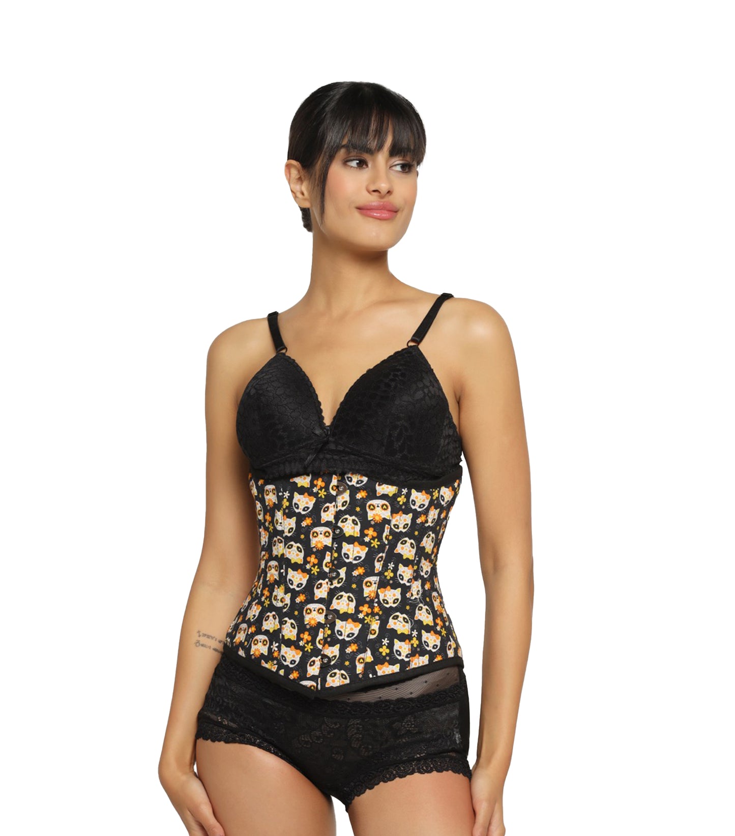 Cat printed waist reducing underbust corset