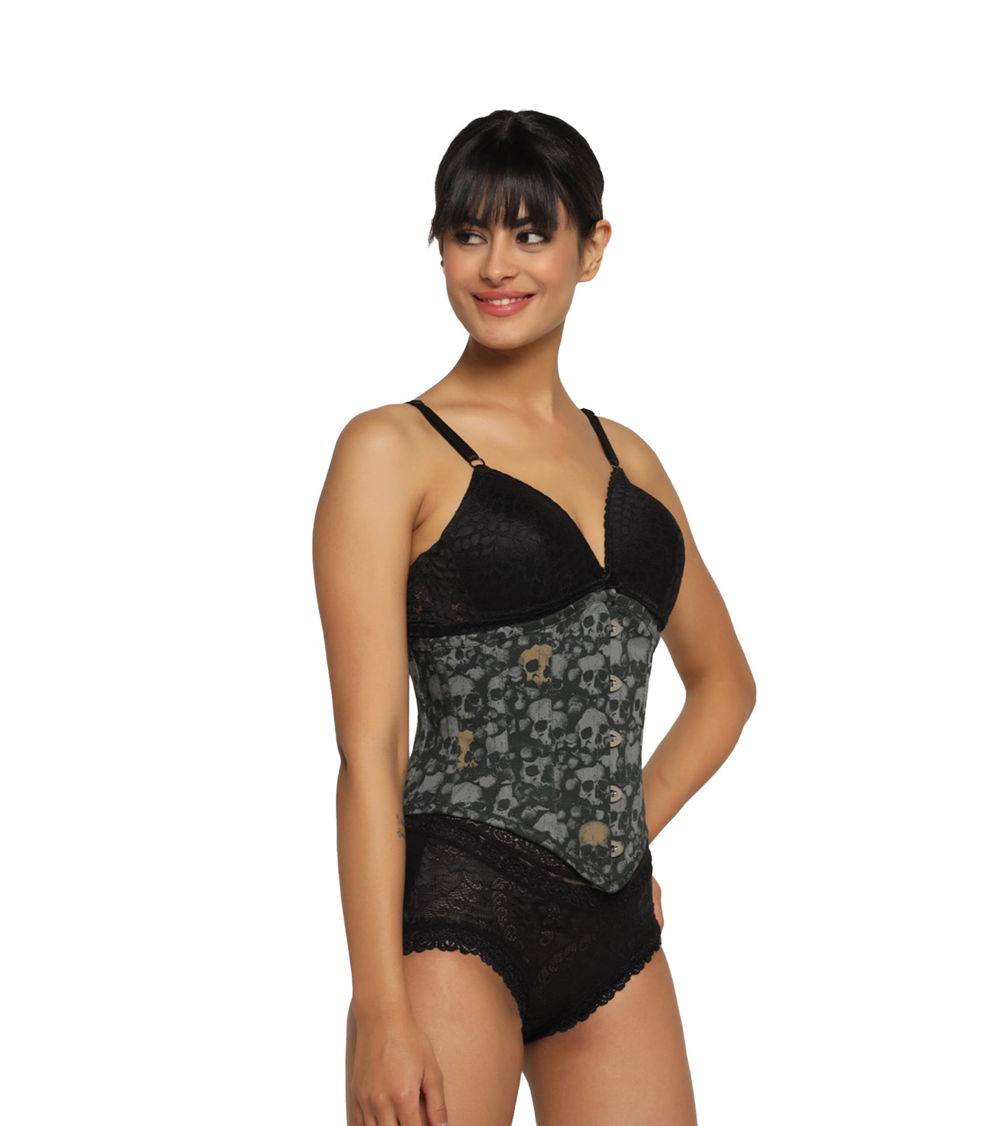 Grey Skullprinted Waist Reducing Authentic Steel Boned Sexy Underbust Corset