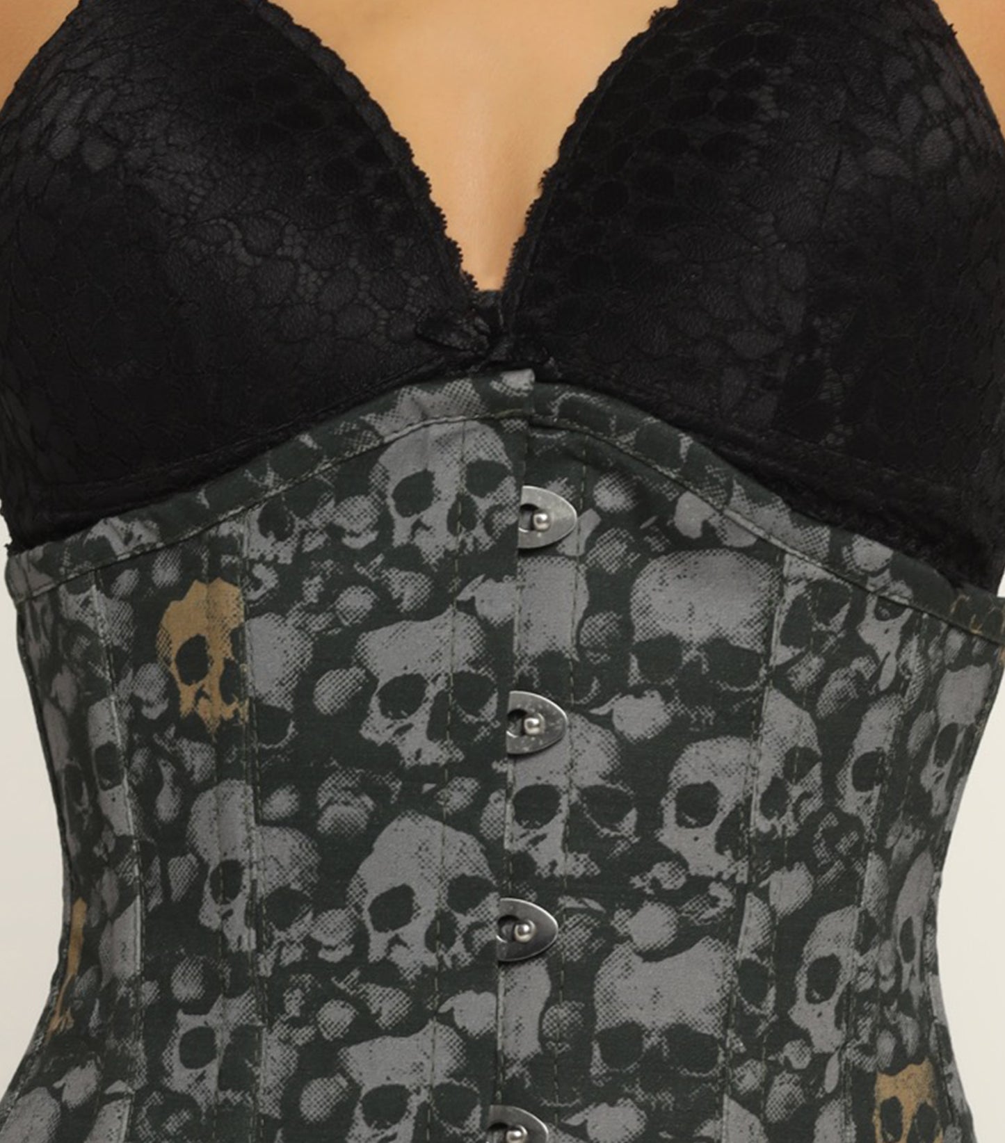 Grey Skullprinted Waist Reducing Authentic Steel Boned Sexy Underbust Corset