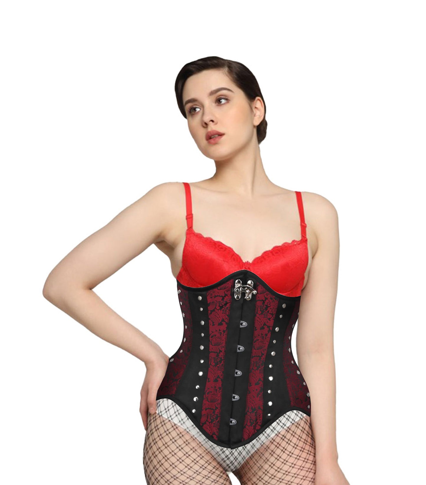 Red Brocade Black Satin Waist Reducing Underbust Corset