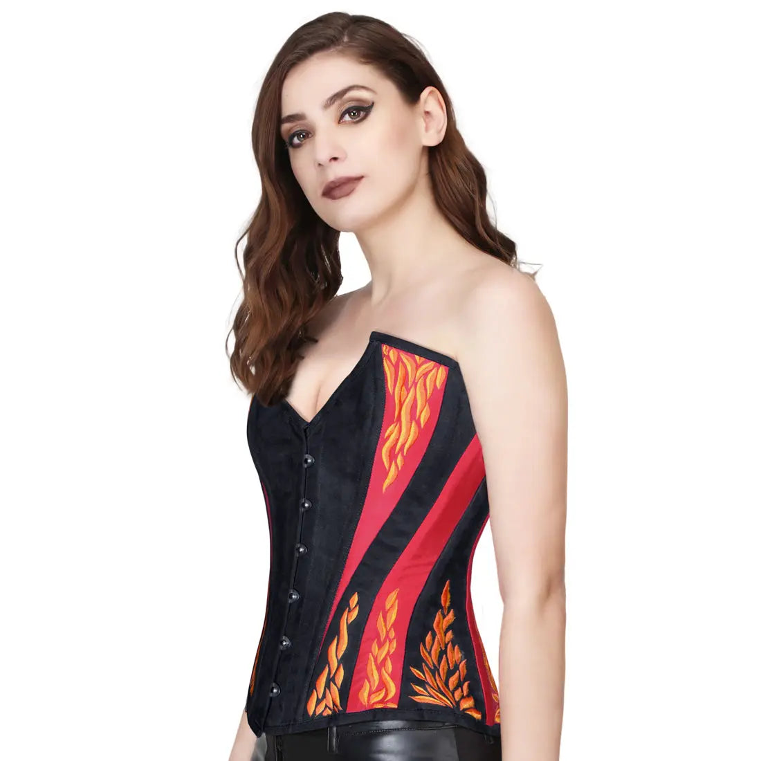Red/black fire embroidered overbust corset
