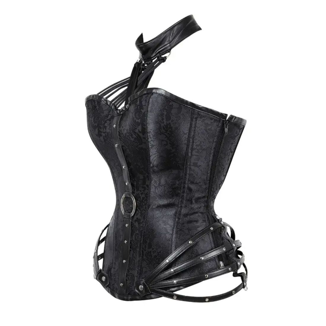 Black Brocade & Black Faux Leather Overbust Corset Easto Garments