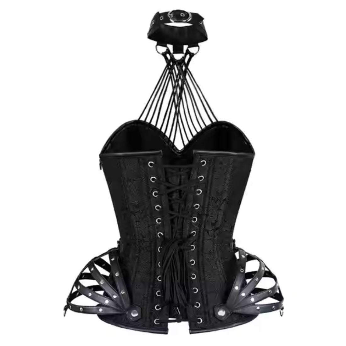 Black Brocade & Black Faux Leather Overbust Corset Easto Garments