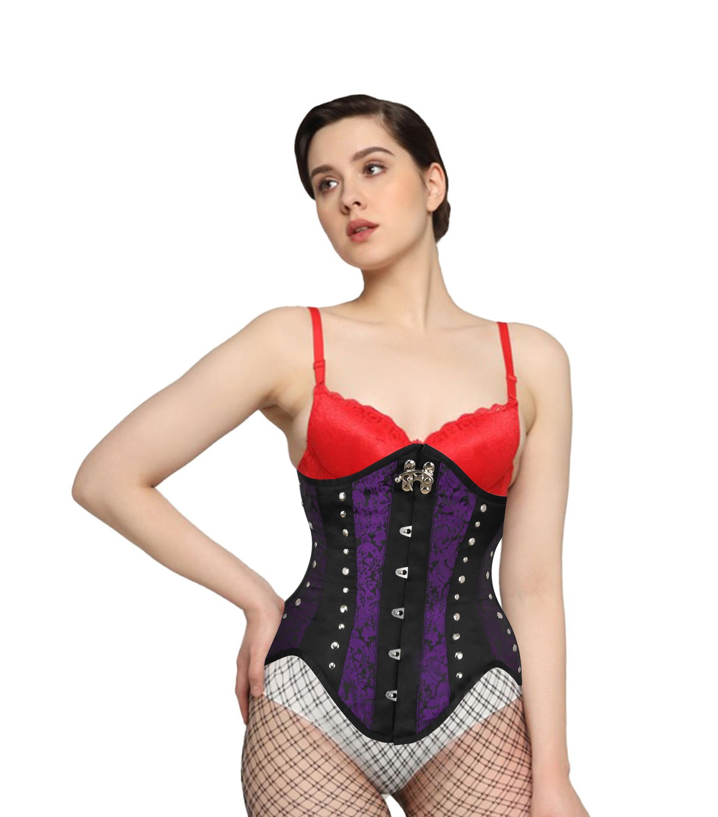 Purple Brocade Black Satin Waist Reducing Underbust Corset
