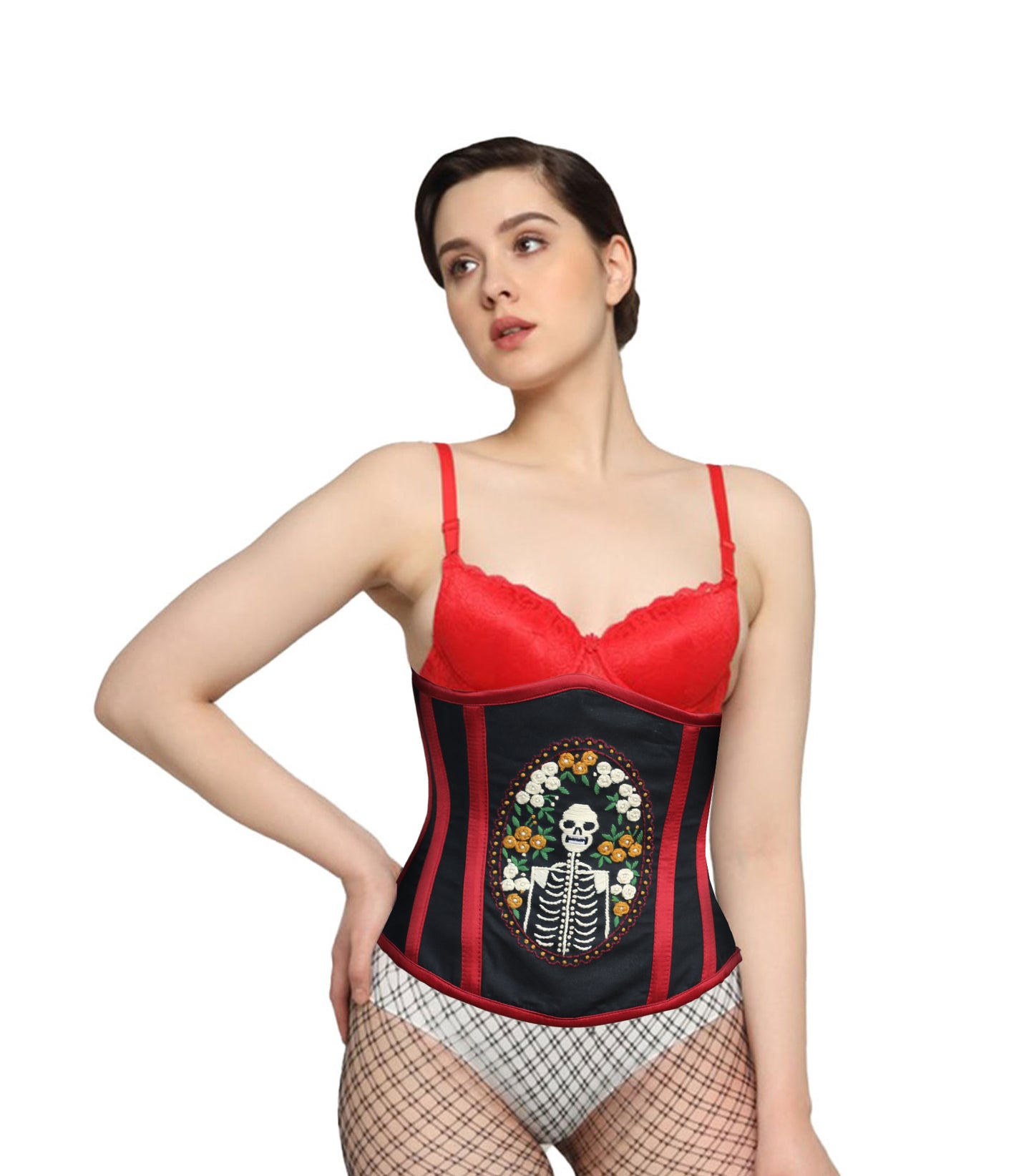 Skeleton Embroidered waist reducing  underbust corset
