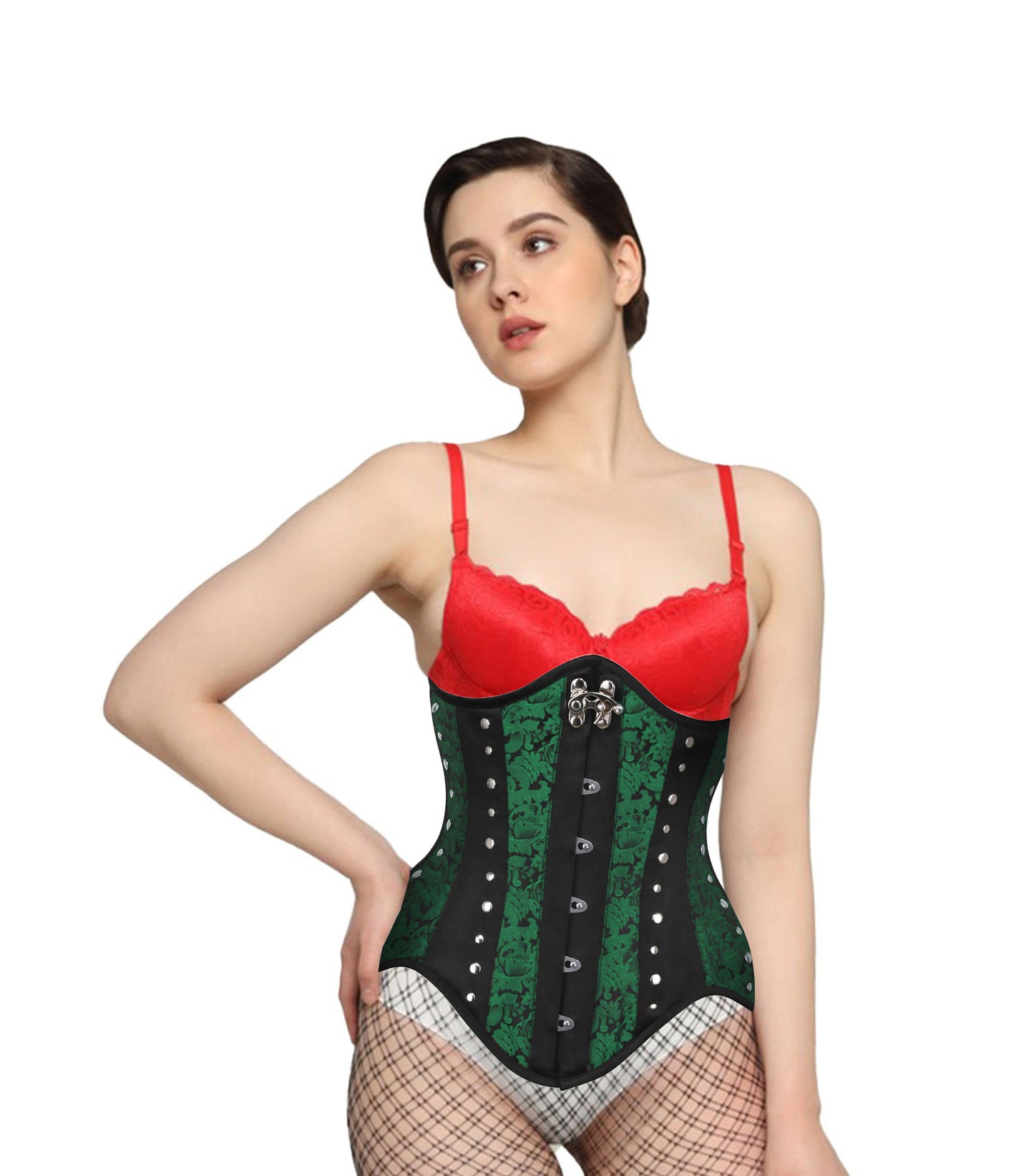 Green Brocade Black Satin Waist Reducing Underbust Corset