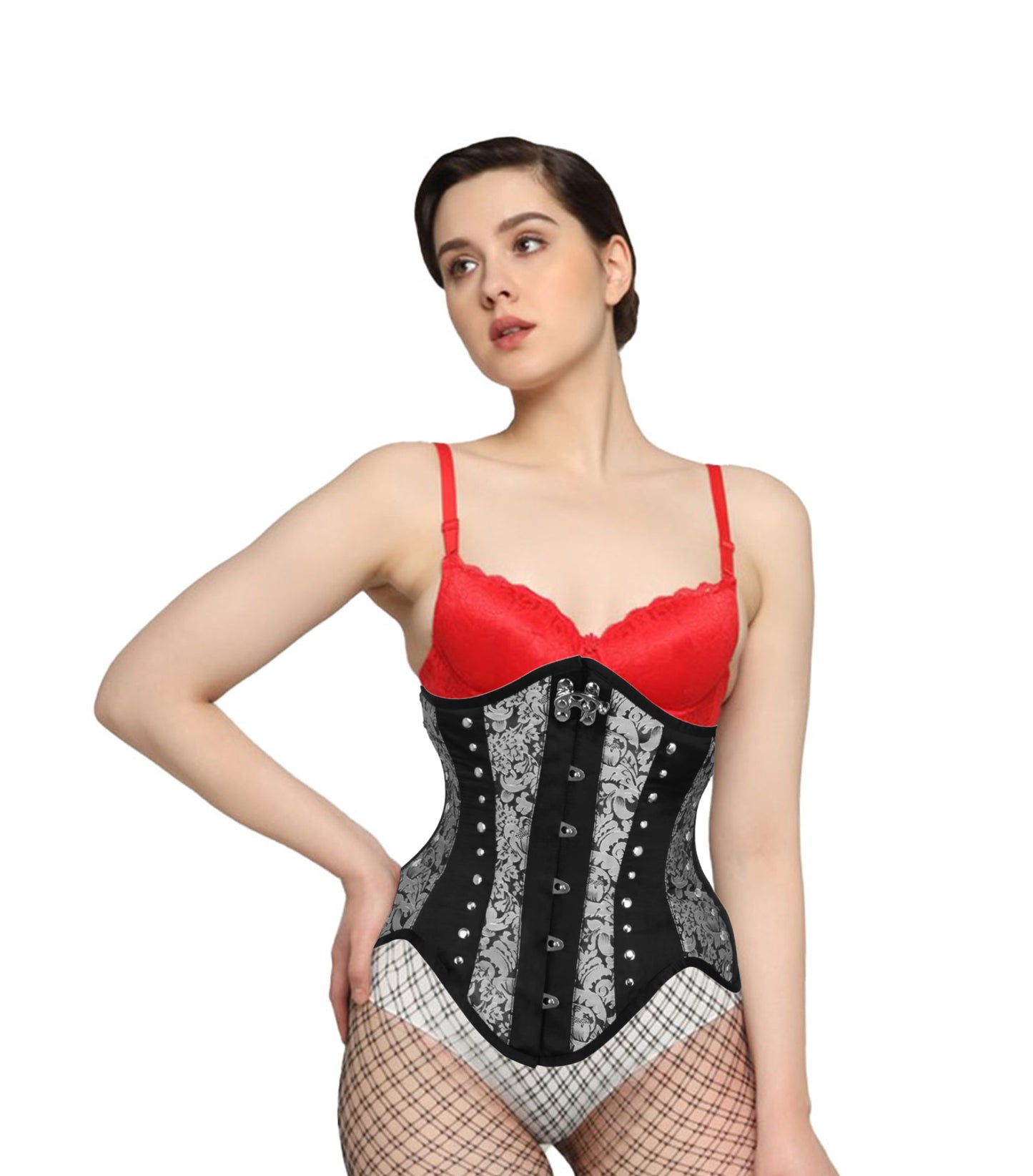 Silver Brocade Black Satin Waist Reducing Underbust Corset