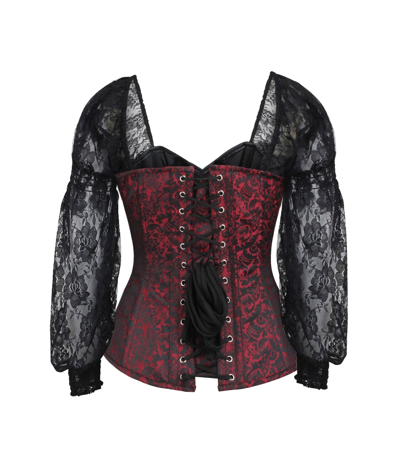 Black Red Brocade Overbust Long Sleeves Corset