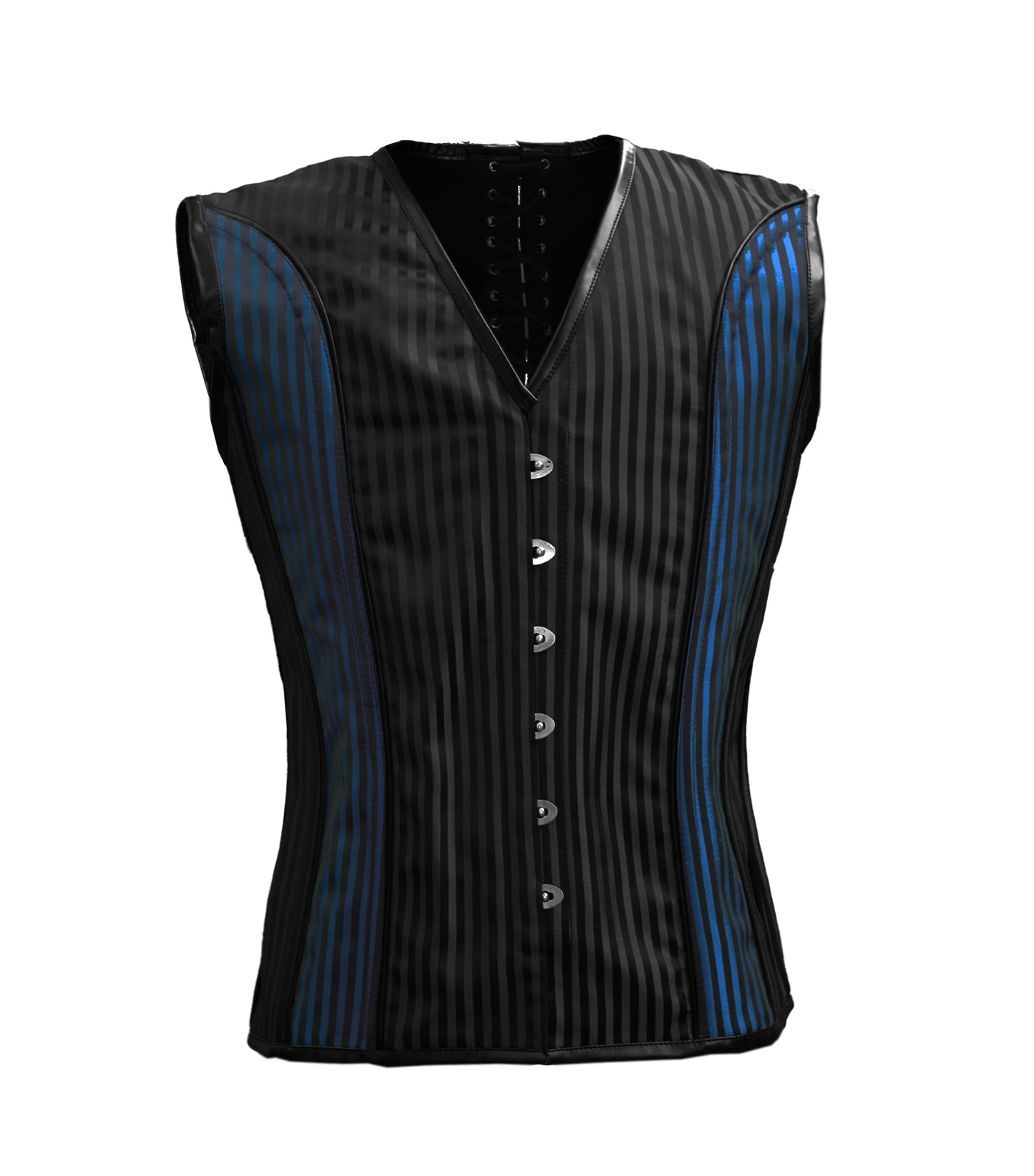 Black Blue Strip 600 Brocade Waist Reducing Overbust Men's Corset