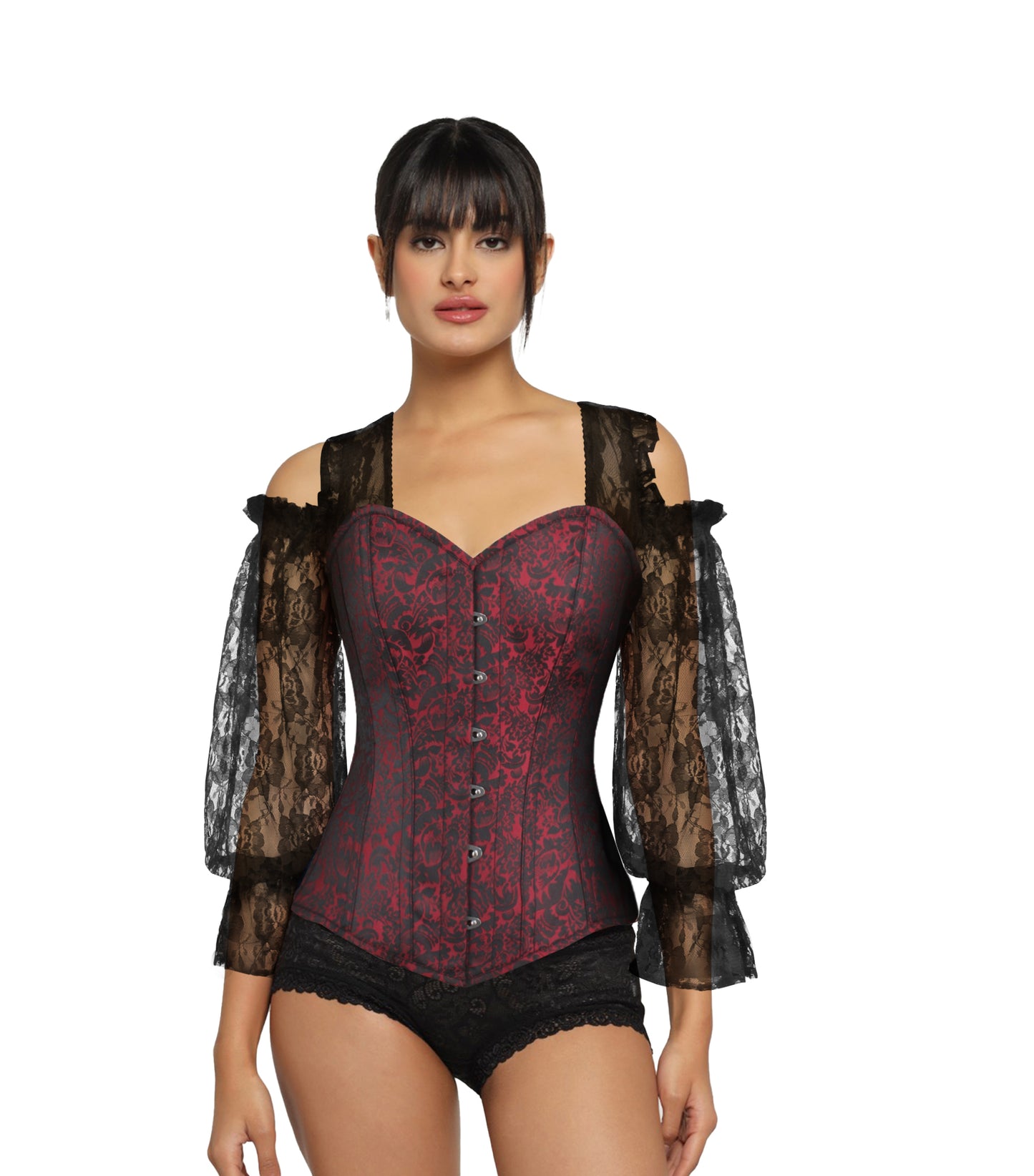 Black Red Brocade Overbust Long Sleeves Corset