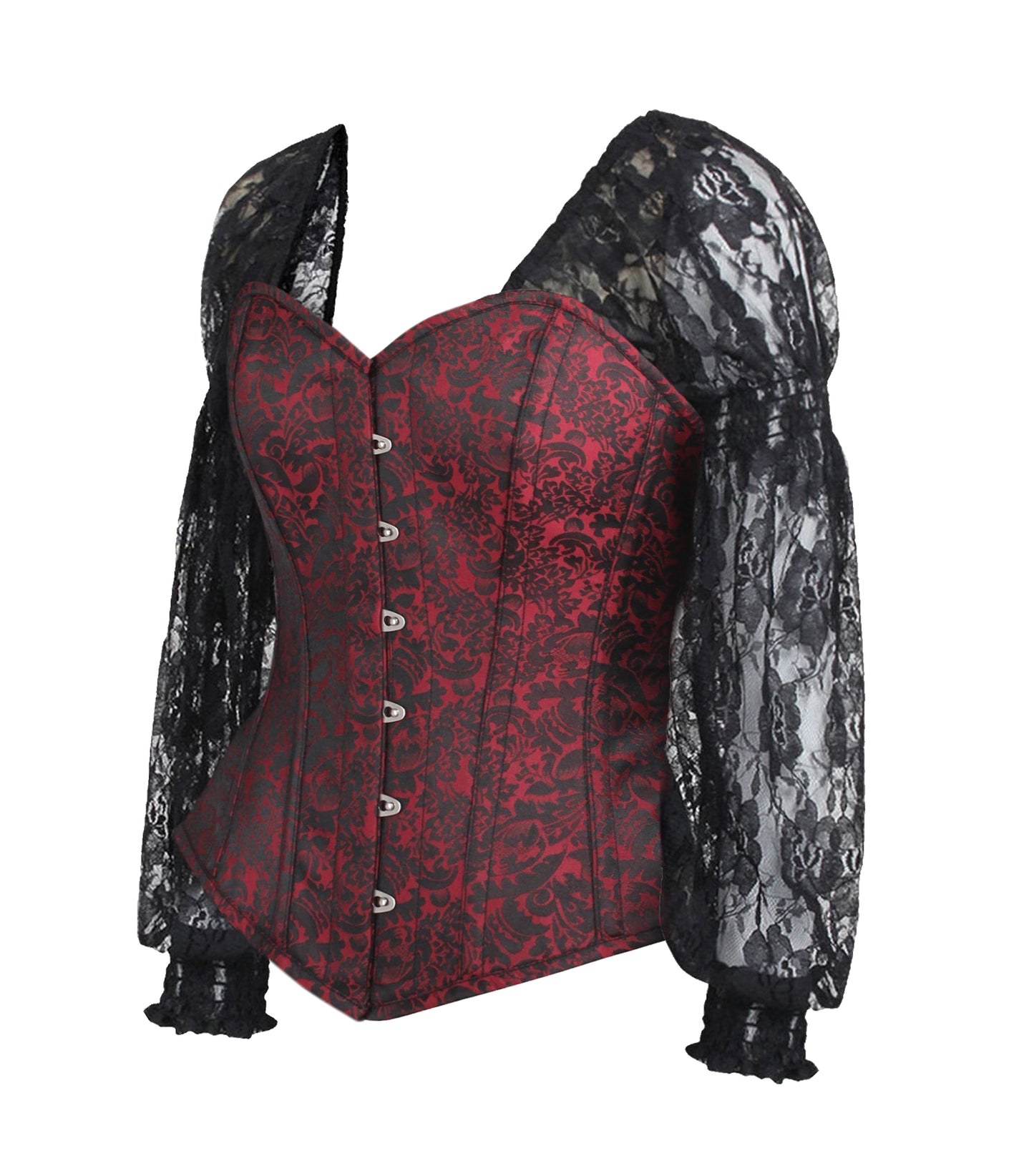 Black Red Brocade Overbust Long Sleeves Corset