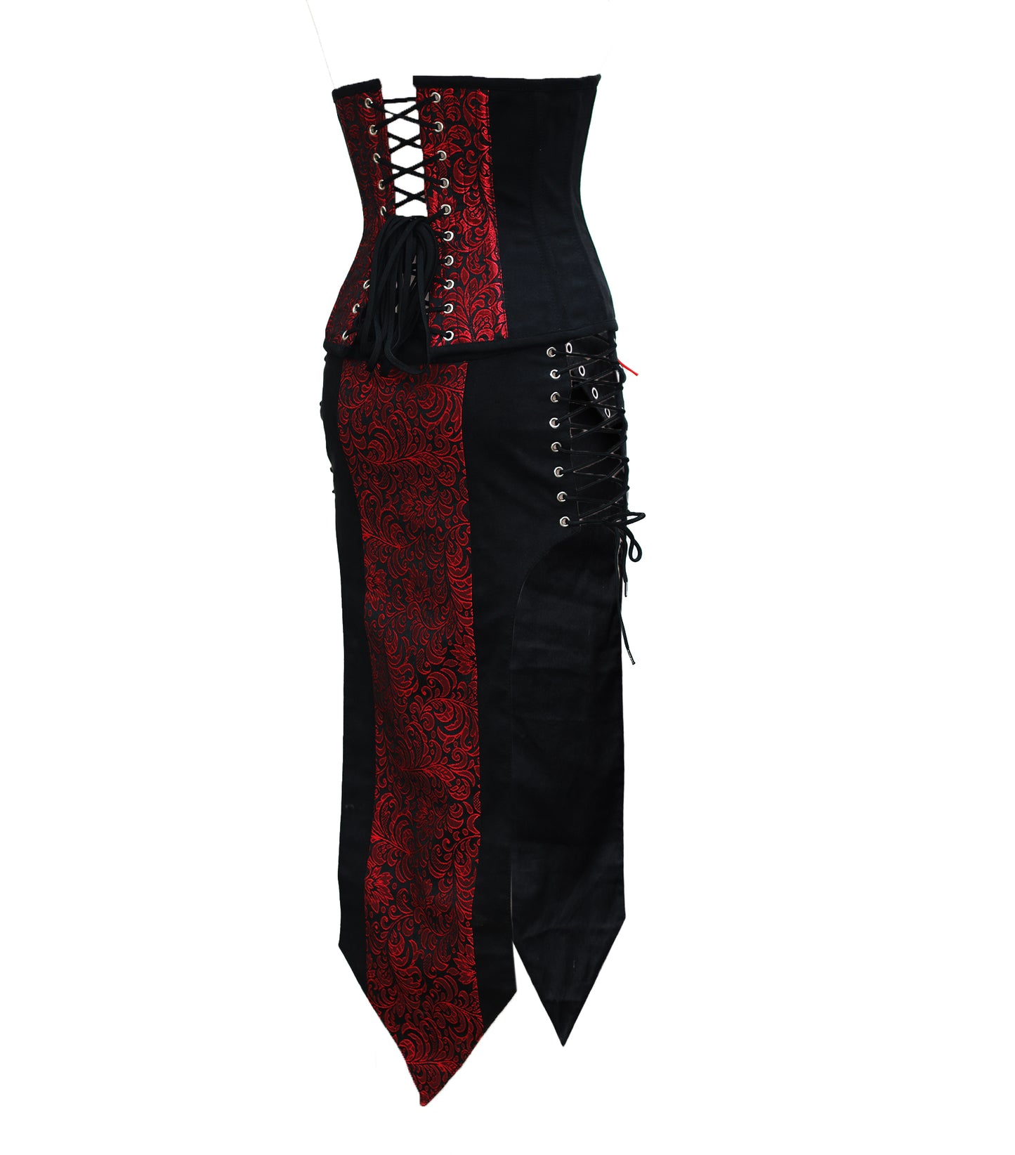 Red Brocade Black Suede Waist Reducing Underbust Corset Dress