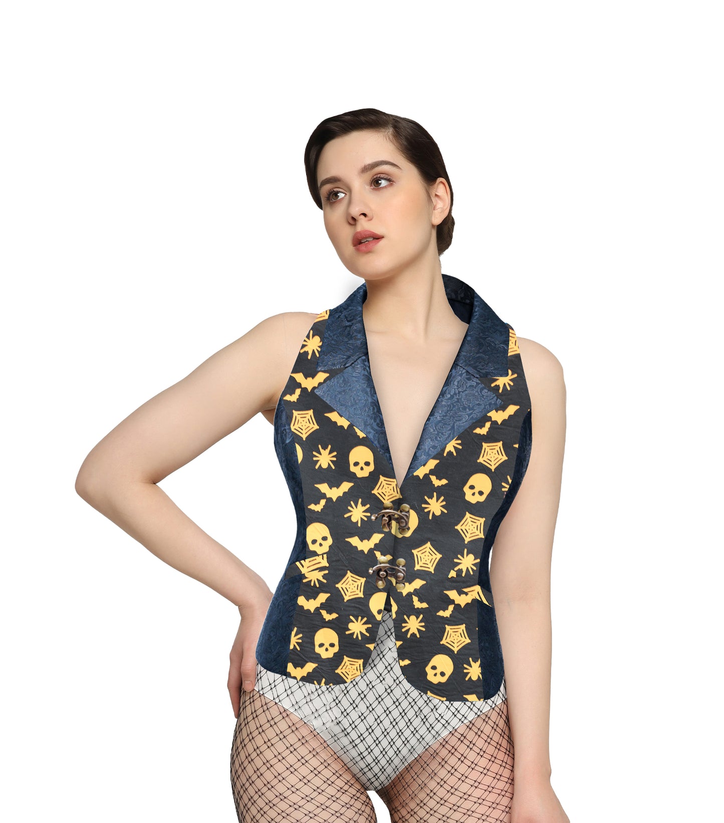 Spider Print Black brocade Ladies Waistcoat