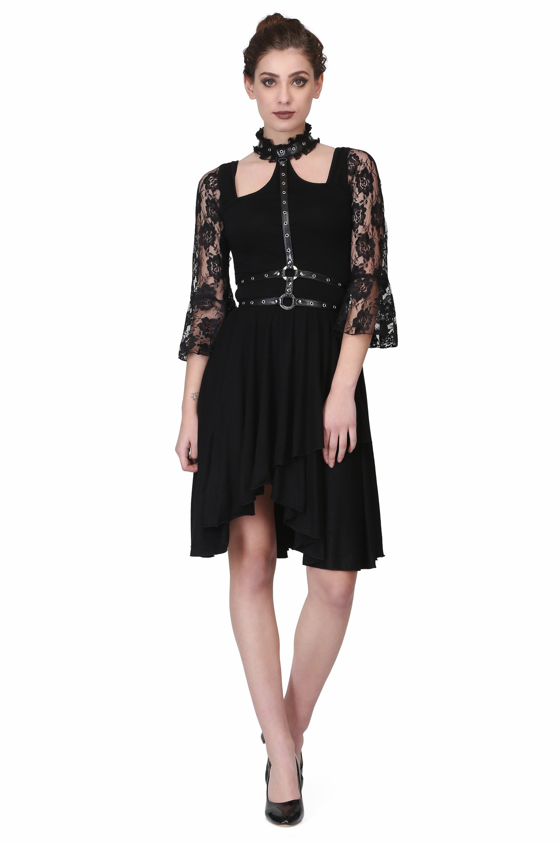 Black flairy asymmetrical hem dress - Corset Revolution