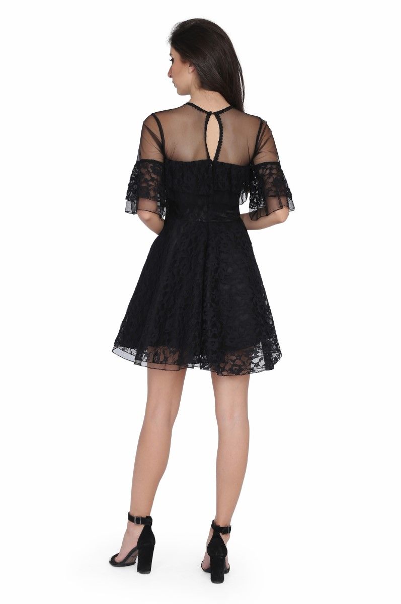 Ladies black satin overlayed net gothic dress Easto Garments