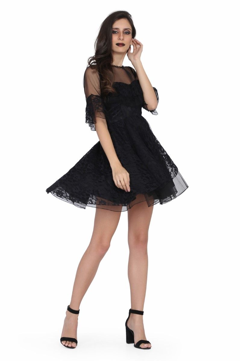 Ladies black satin overlayed net gothic dress Easto Garments