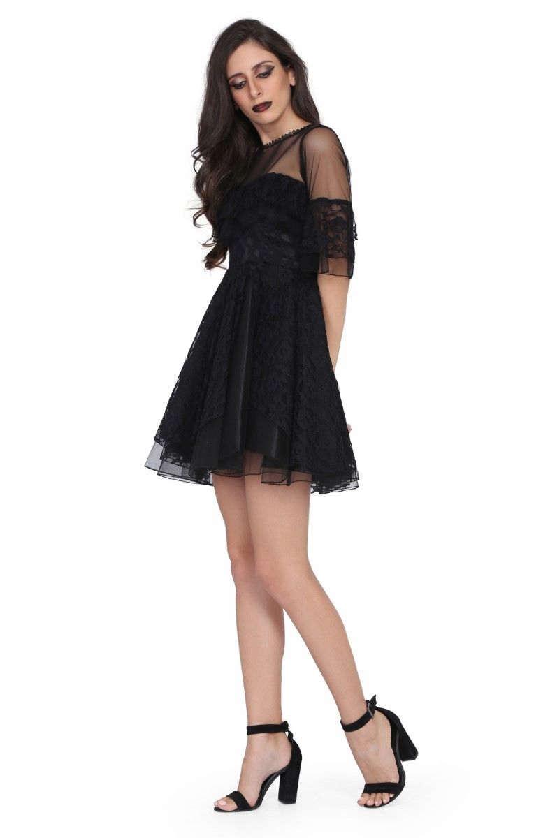 Ladies black satin overlayed net gothic dress Easto Garments