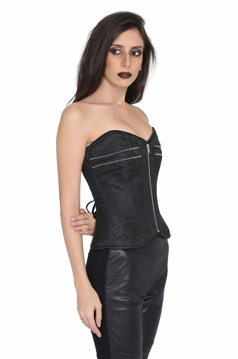 Black brocade steel boned corset with front zipper