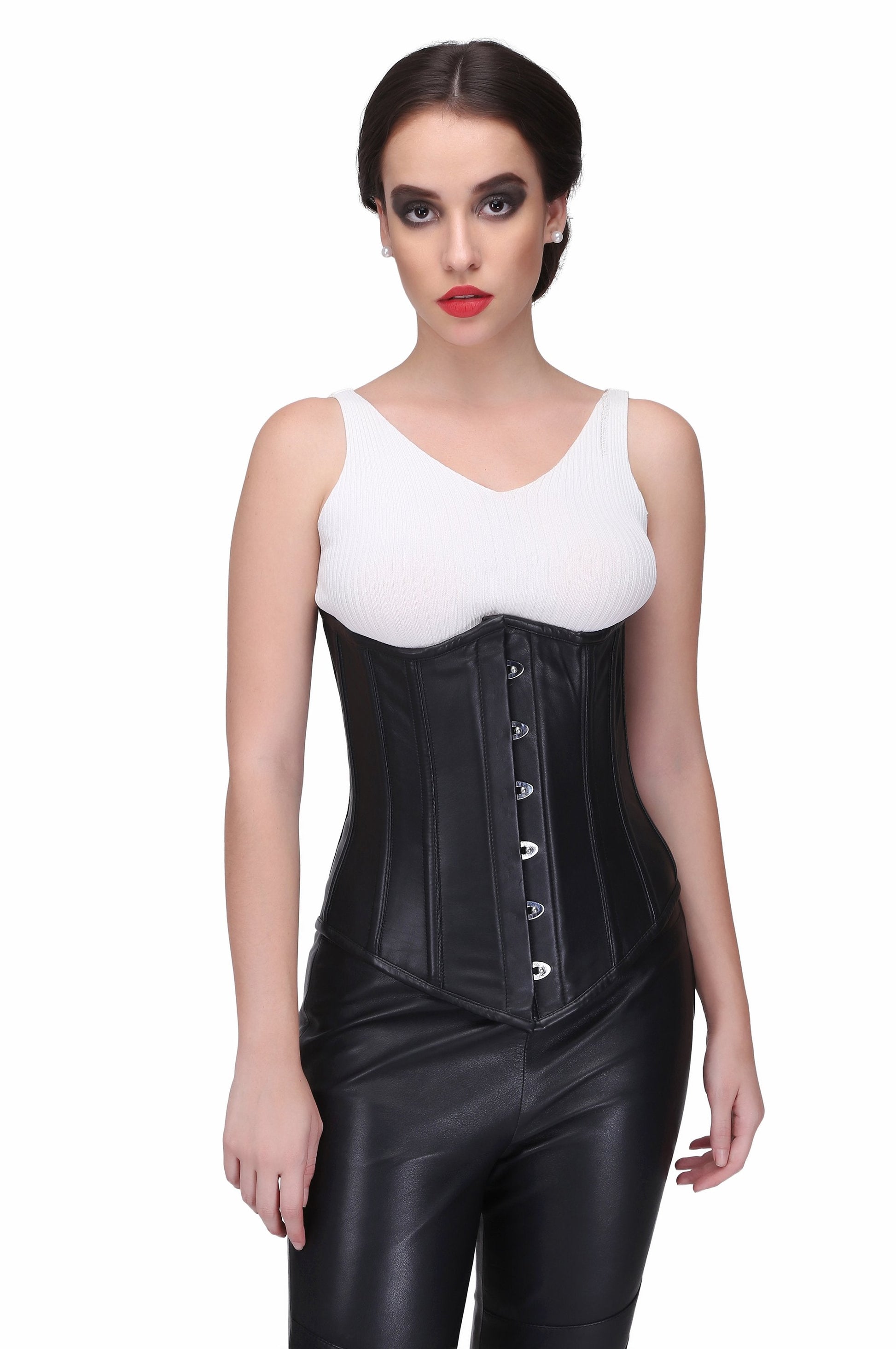 Black leather Steel Boned Waist Reducing Underbust Corset - Corset Revolution