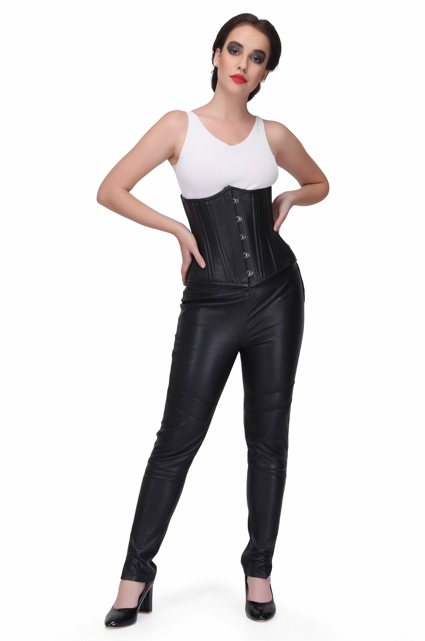 Black sheep nappa leather Steel Boned Waist Tanning Underbust Corset - Corset Revolution