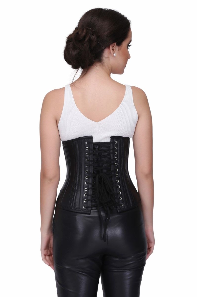 Black Steel Boned Waist Training Genuine leather Underbust Corset Easto Garments