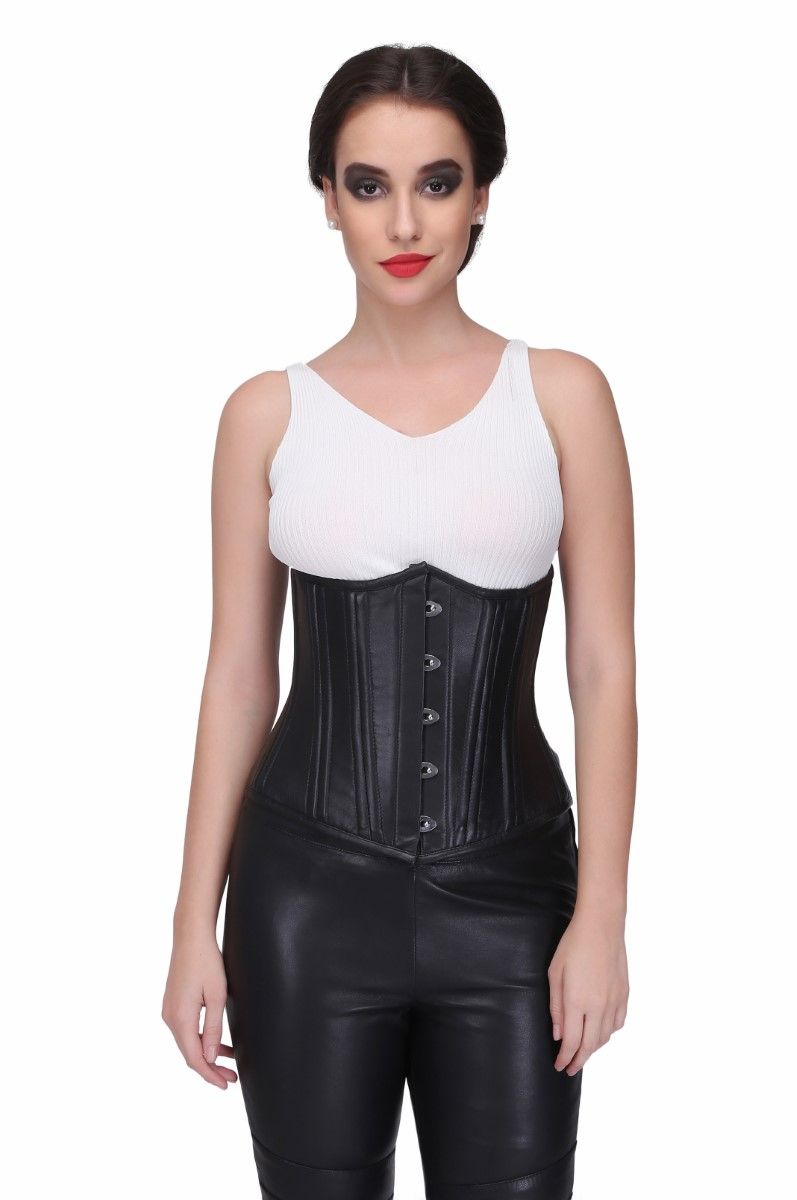 Black Steel Boned Waist Training Genuine leather Underbust Corset Easto Garments