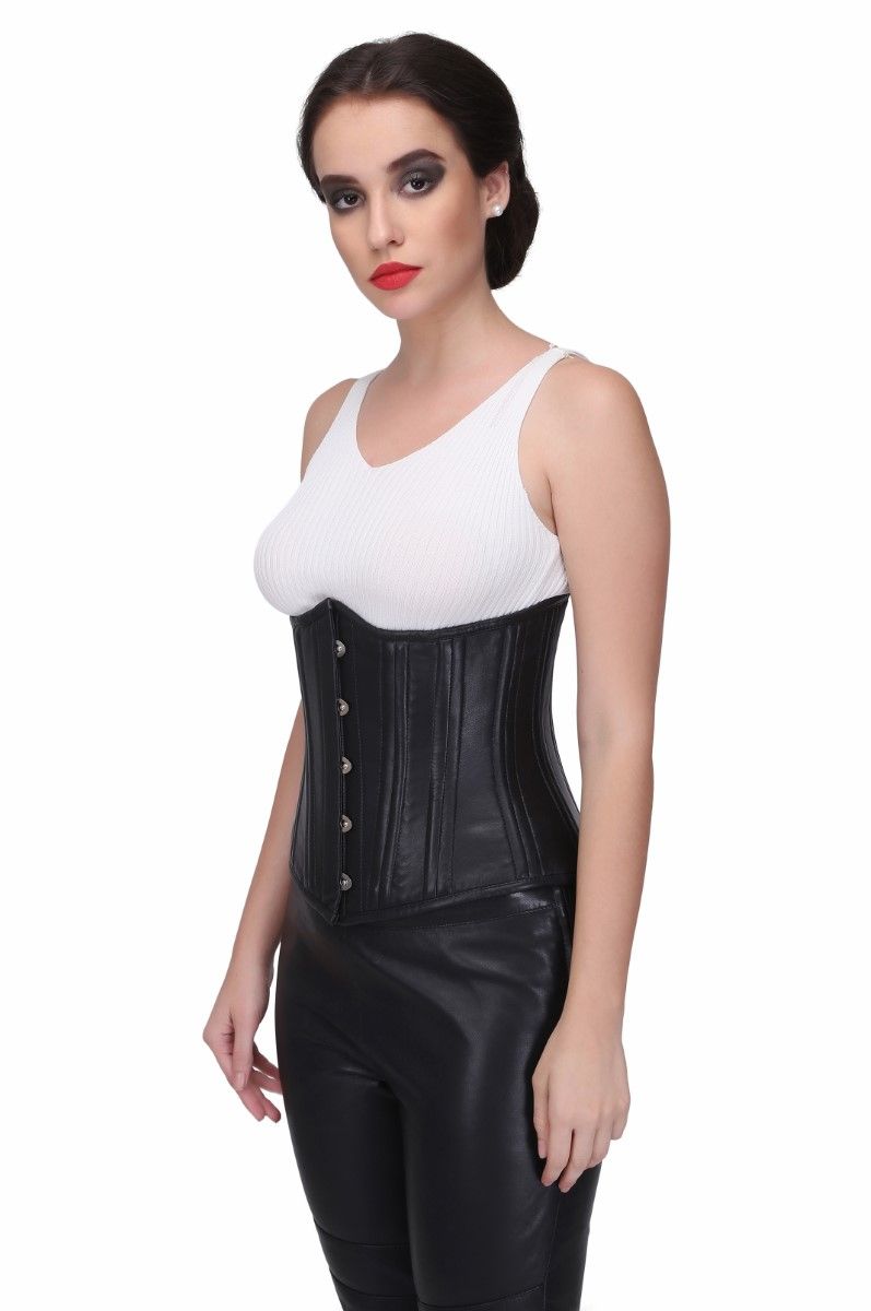 Black Steel Boned Waist Training Genuine leather Underbust Corset Easto Garments
