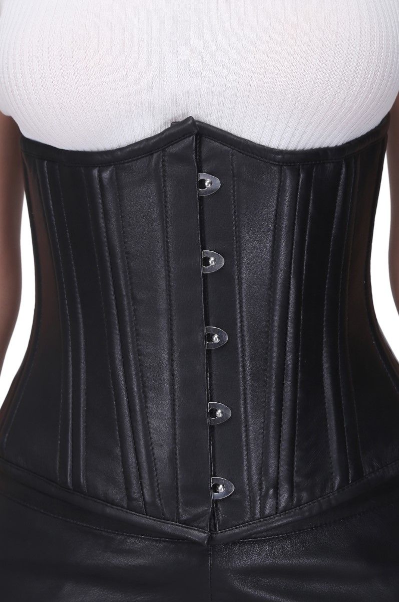Black Steel Boned Waist Training Genuine leather Underbust Corset Easto Garments