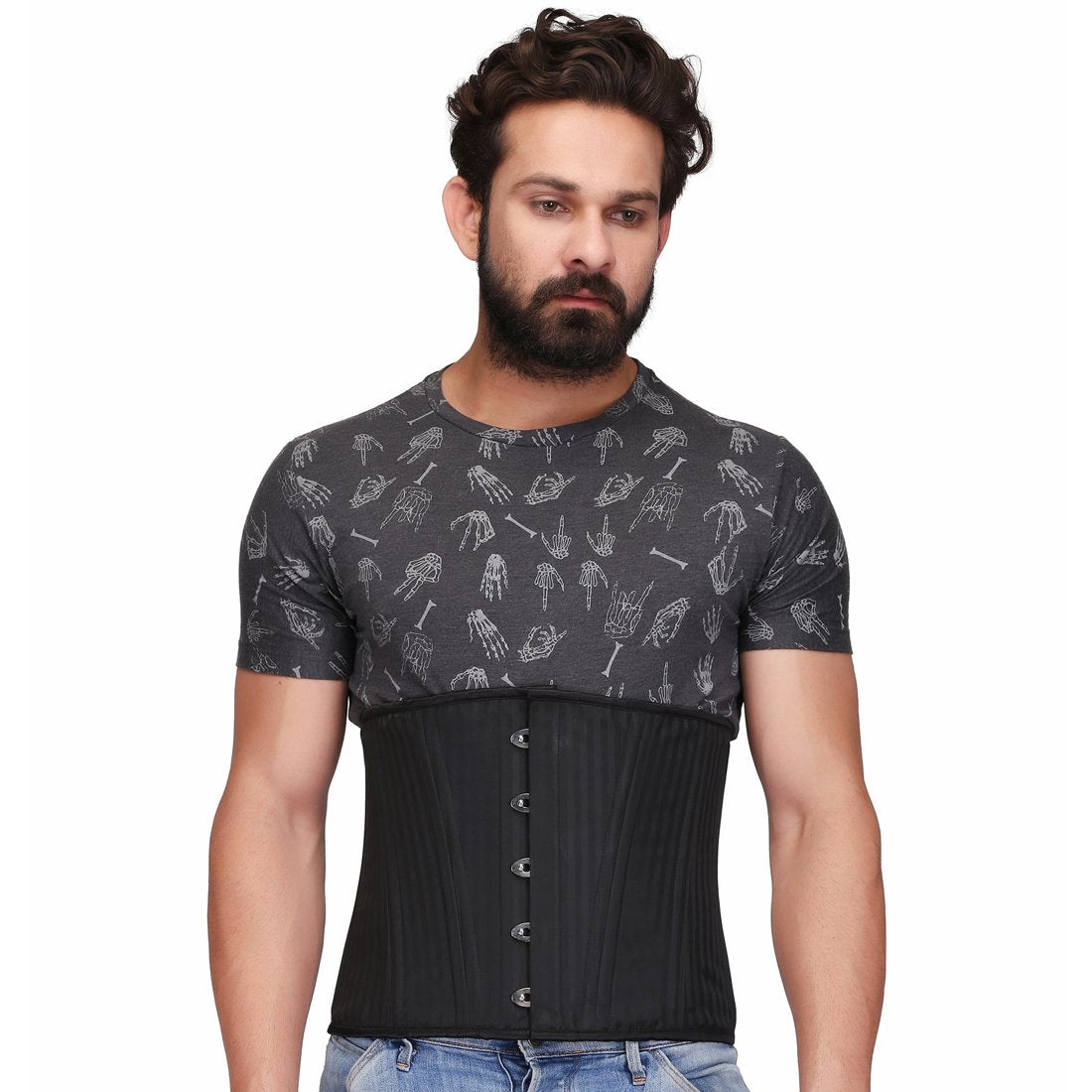 Black Brocade Steel Boned Waist Reducing Underbust Men's Corset - Corset Revolution