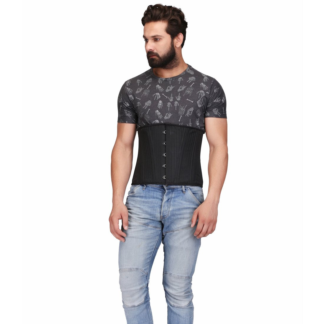 Black Brocade Steel Boned Waist Reducing Underbust Men's Corset - Corset Revolution