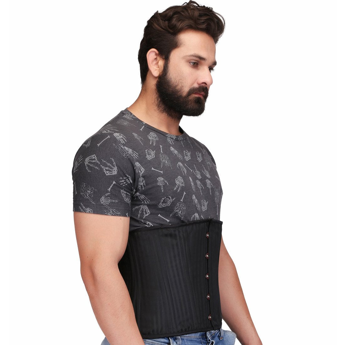 Black Brocade Steel Boned Waist Reducing Underbust Men's Corset - Corset Revolution