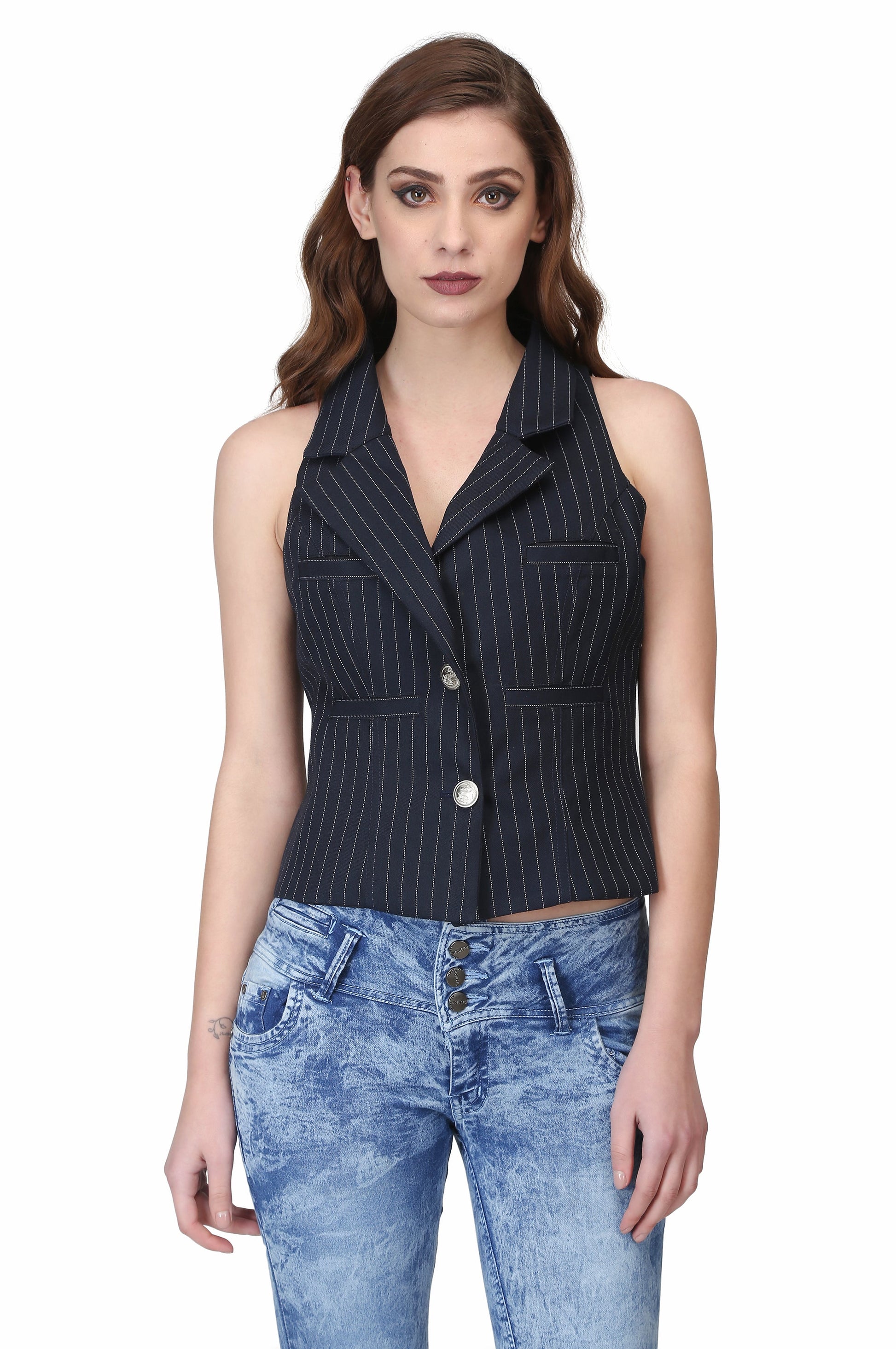 Blue Strip Ladies Waist Coat - Corset Revolution