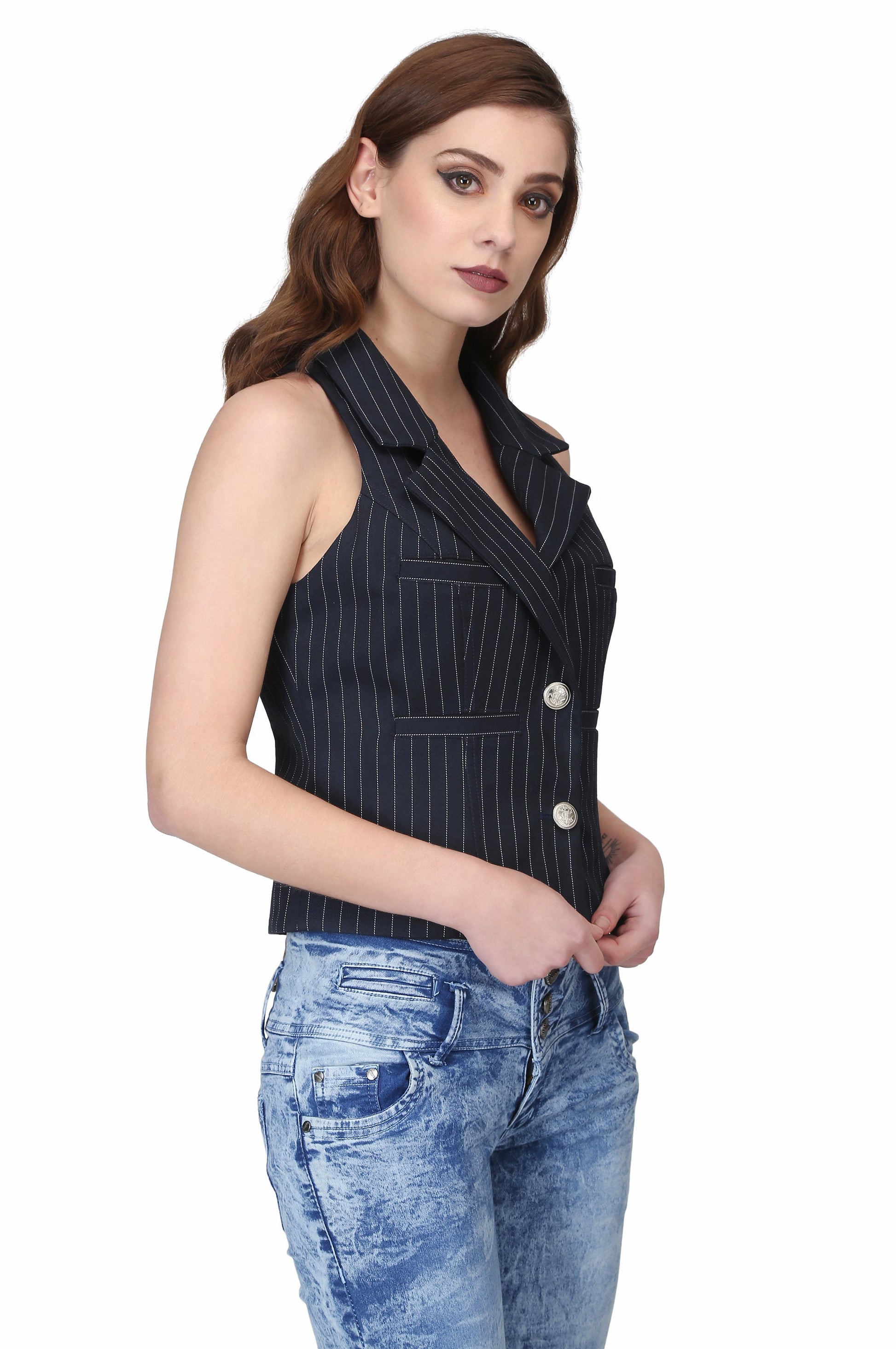 Blue Strip Ladies Waist Coat - Corset Revolution
