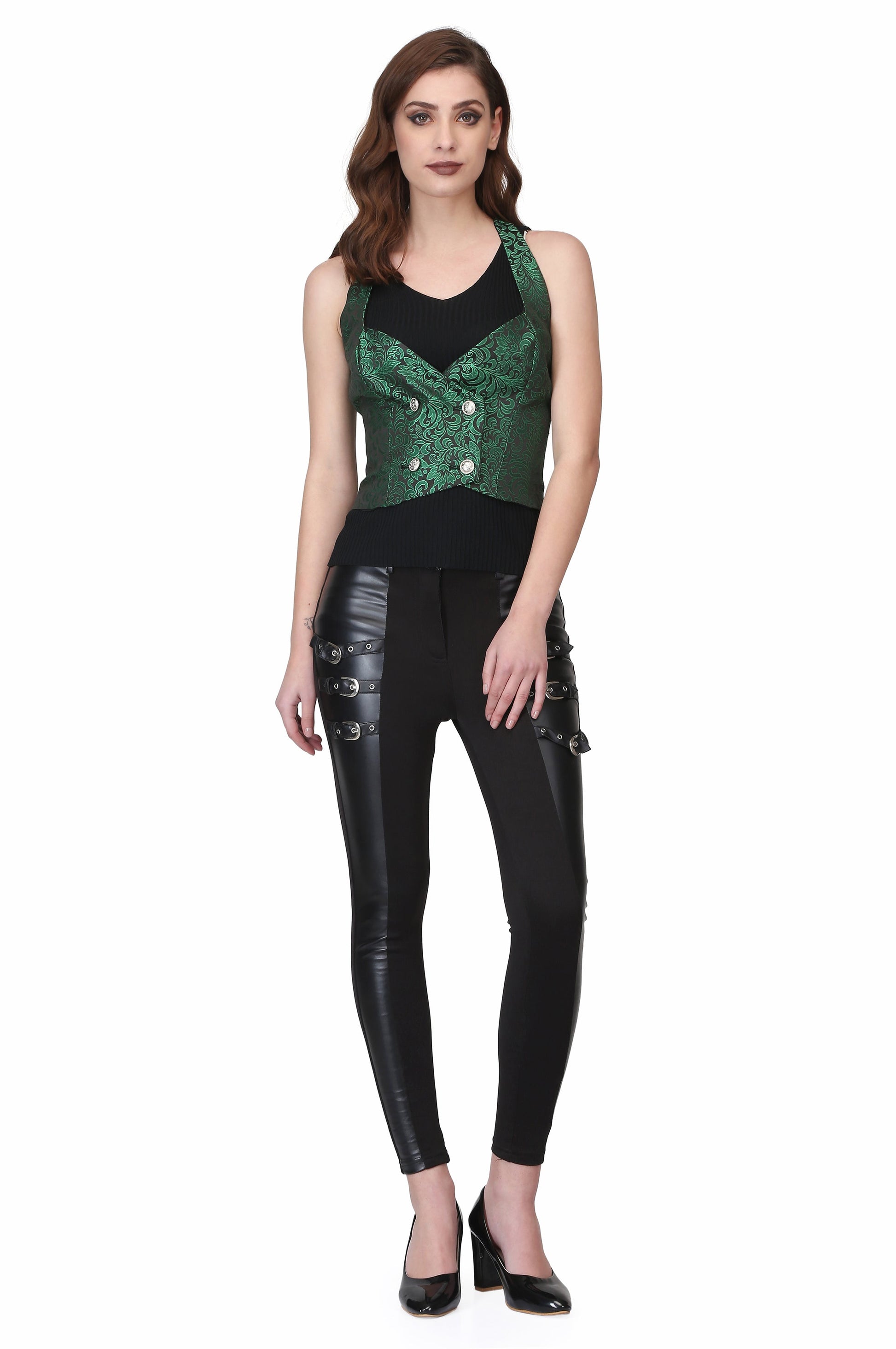 Green Brocade Ladies Waist Coat - Corset Revolution