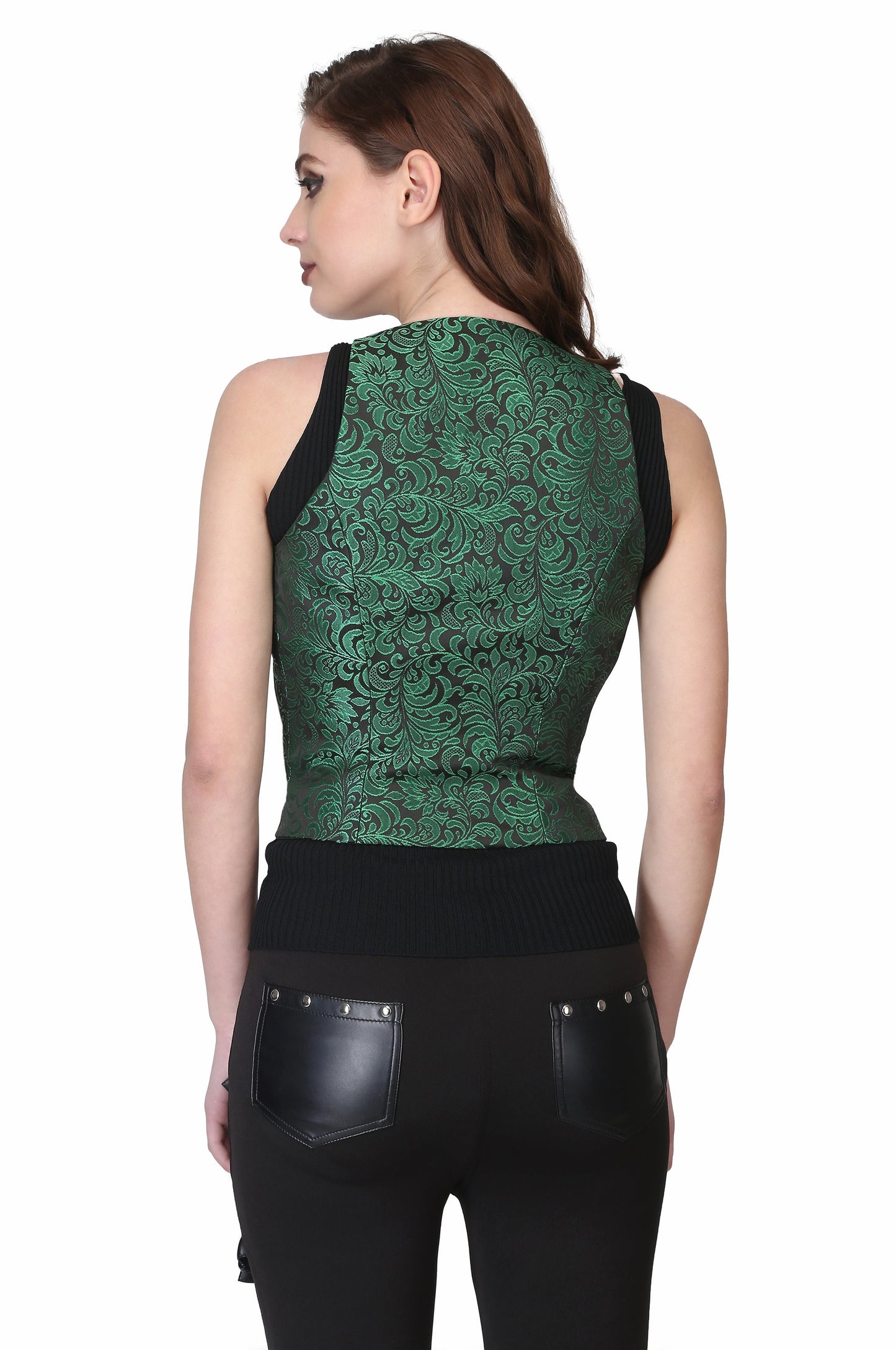 Green Brocade Ladies Waist Coat - Corset Revolution