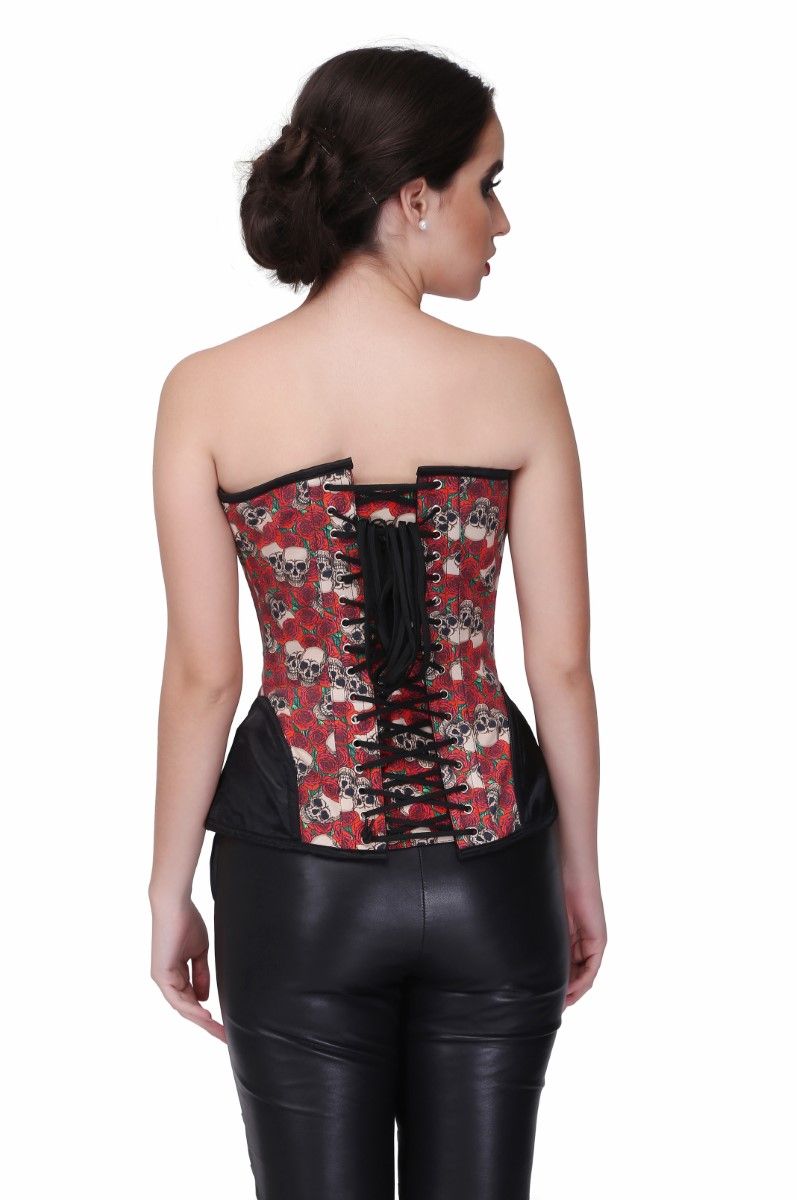 Skull Rose Print with Brocade Waist Training Overbust Corset Easto Garments