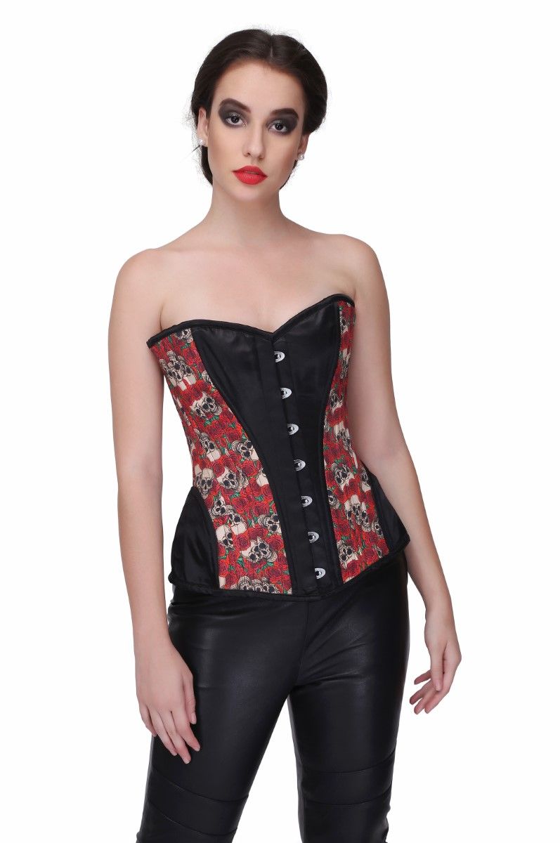 Skull Rose Print with Brocade Waist Training Overbust Corset Easto Garments