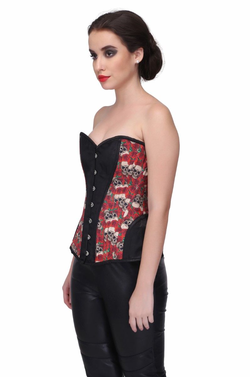 Skull Rose Print with Brocade Waist Training Overbust Corset Easto Garments