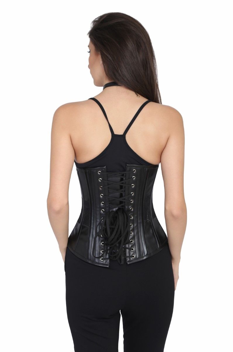 Black Fake Leather Steel Boned Underbust Corset Easto Garments